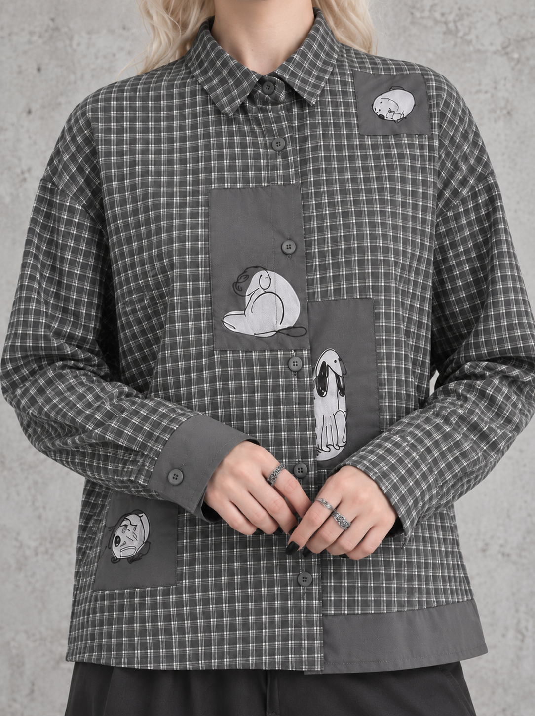 Grey Check Patchwork Shirt | Alternative Graphic Blouse-SimpleModerne