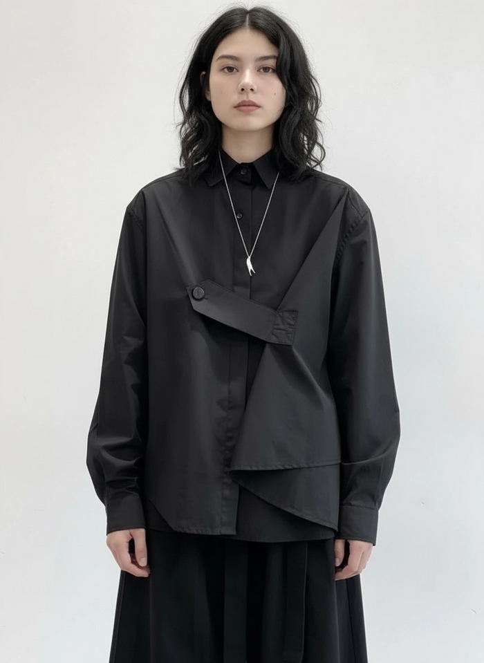 Deconstructed Asymmetric Button Wrap Shirt - Onyx-SimpleModerne