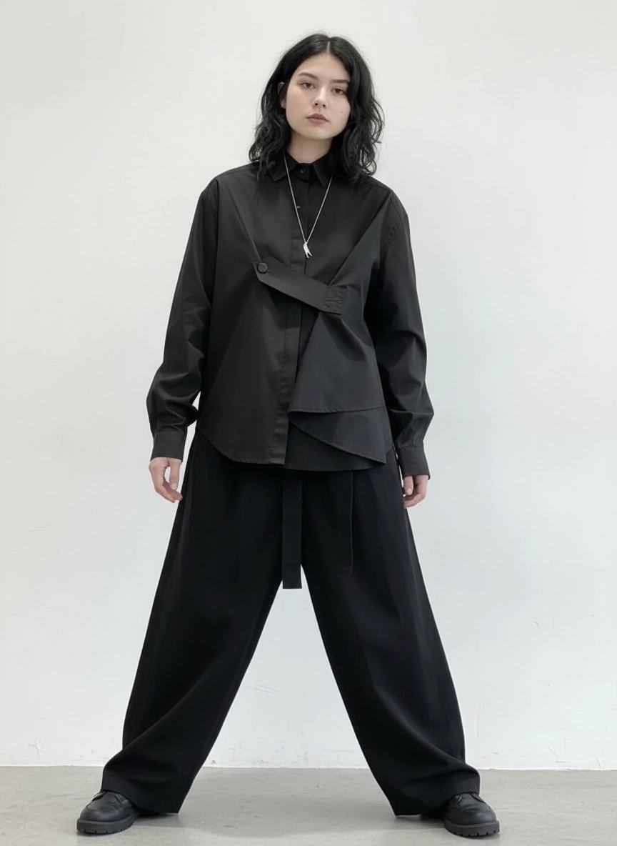 Deconstructed Asymmetric Button Wrap Shirt - Onyx-SimpleModerne