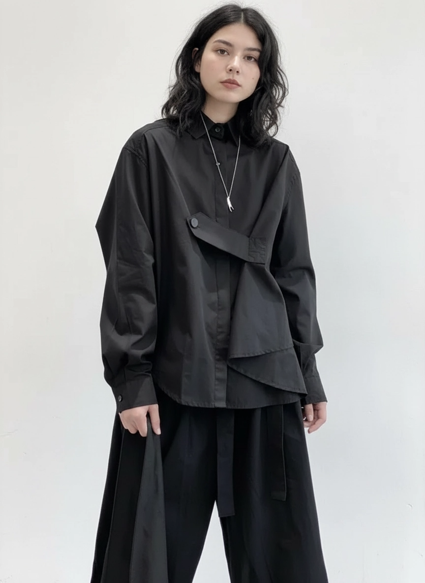 Deconstructed Asymmetric Button Wrap Shirt - Onyx-SimpleModerne