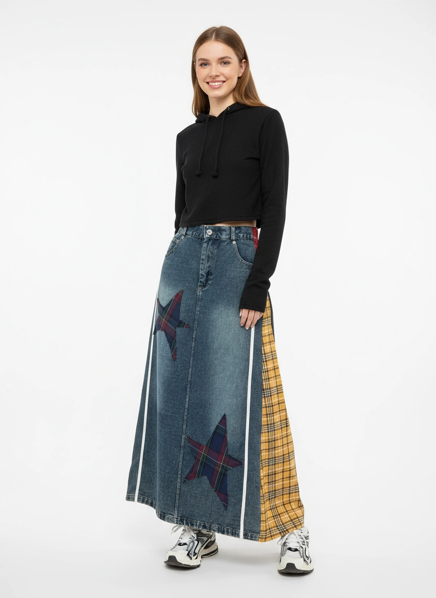 Denim & Textile Patchwork Skirt - 80's Pop-Inspired-SimpleModerne