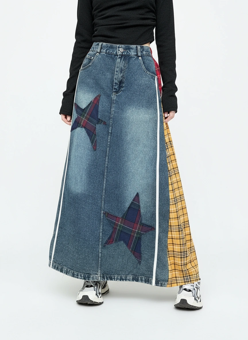 Denim & Textile Patchwork Skirt - 80's Pop-Inspired-SimpleModerne