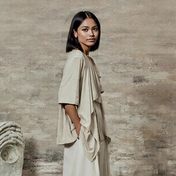 Draped Layered Split-Front Top – Relaxed Fit in Gray, Beige & Brown-SimpleModerne