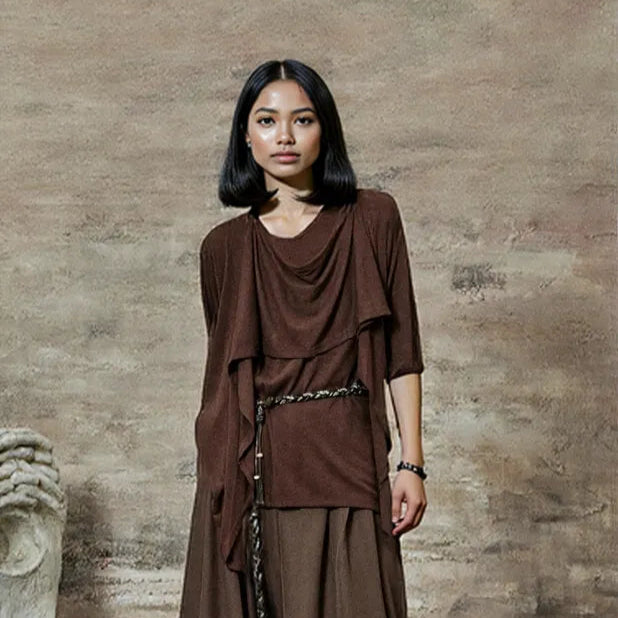 Draped Layered Split-Front Top – Relaxed Fit in Gray, Beige & Brown-SimpleModerne