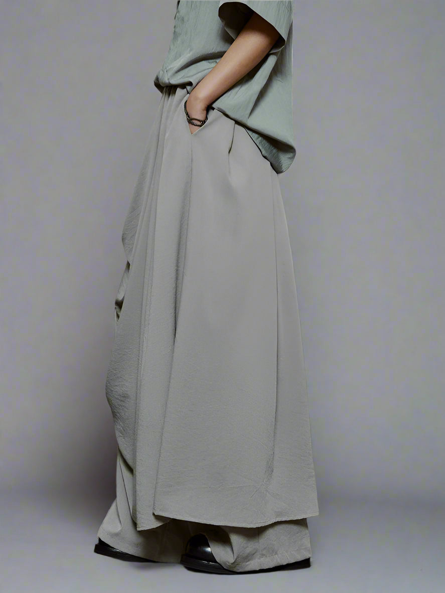 Draped Layered Wide-Leg Trousers – Soft Lightweight Fabric in Mist Grey & Black-SimpleModerne