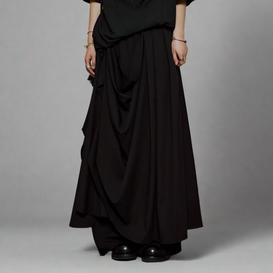Draped Layered Wide-Leg Trousers – Soft Lightweight Fabric in Mist Grey & Black-SimpleModerne