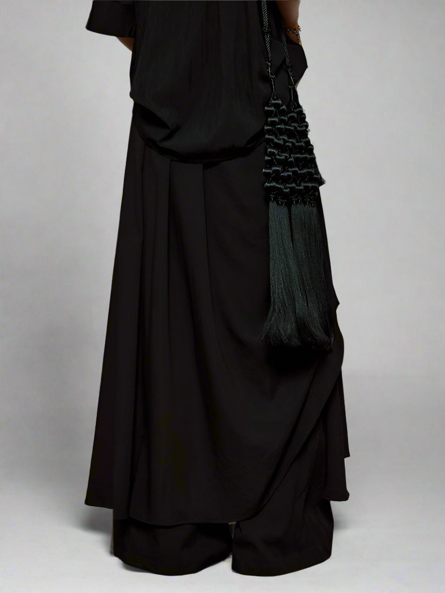 Draped Layered Wide-Leg Trousers – Soft Lightweight Fabric in Mist Grey & Black-SimpleModerne