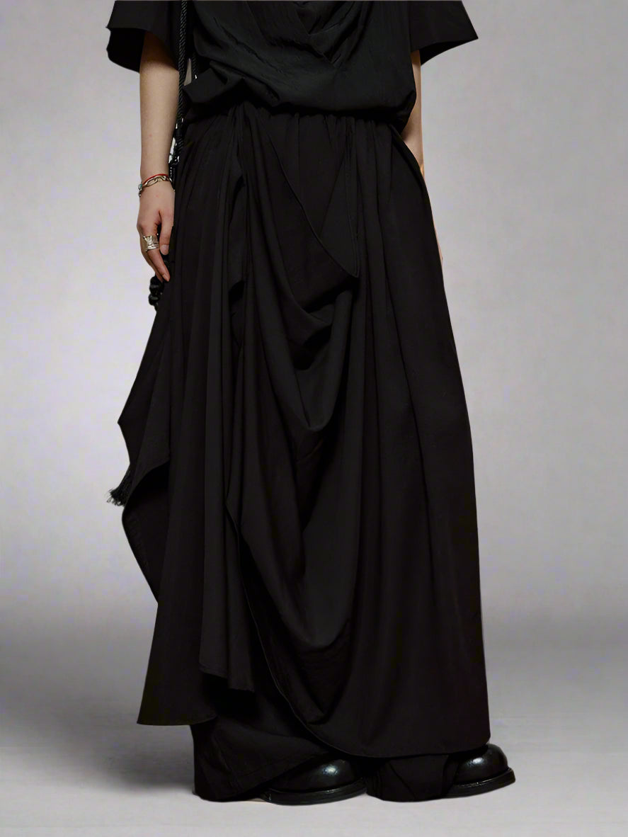 Draped Layered Wide-Leg Trousers – Soft Lightweight Fabric in Mist Grey & Black-SimpleModerne