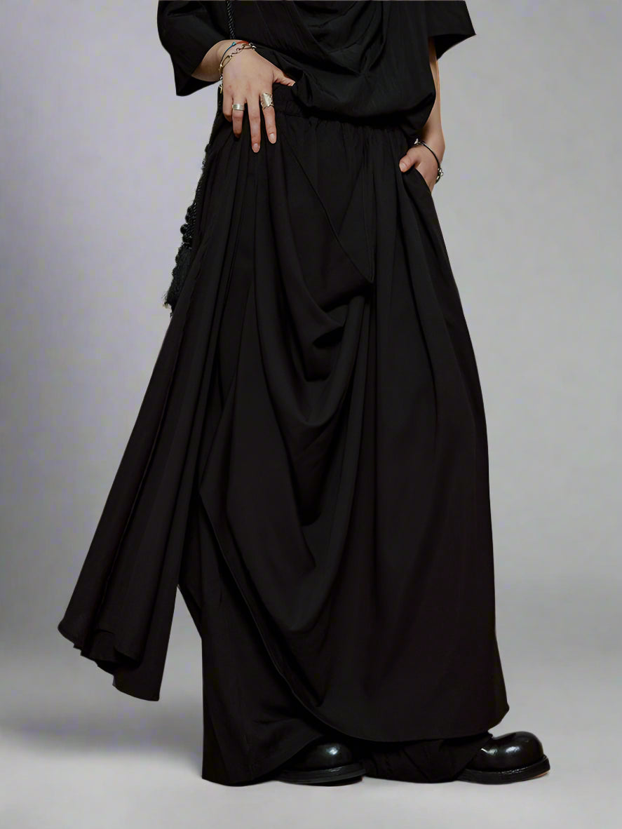 Draped Layered Wide-Leg Trousers – Soft Lightweight Fabric in Mist Grey & Black-SimpleModerne