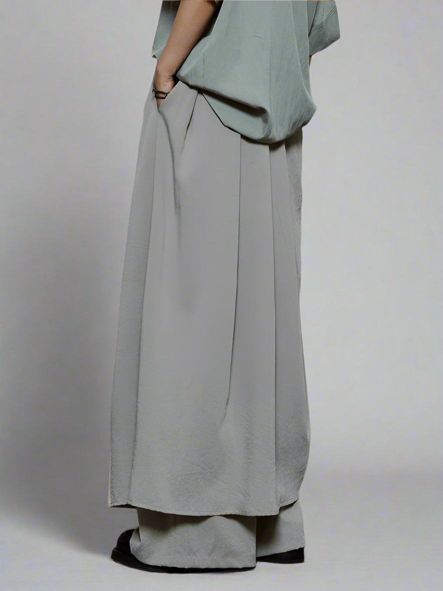 Draped Layered Wide-Leg Trousers – Soft Lightweight Fabric in Mist Grey & Black-SimpleModerne
