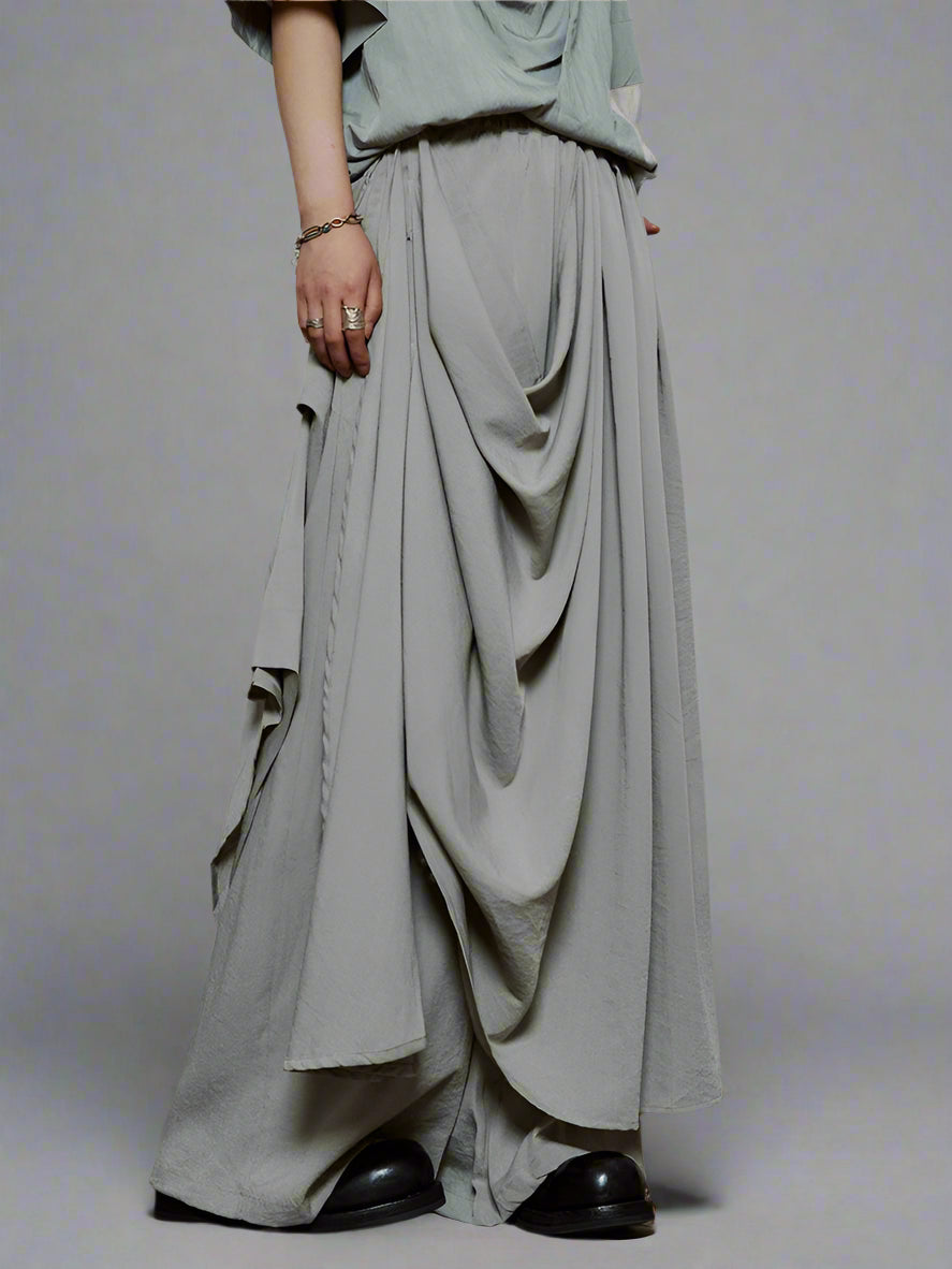 Draped Layered Wide-Leg Trousers – Soft Lightweight Fabric in Mist Grey & Black-SimpleModerne