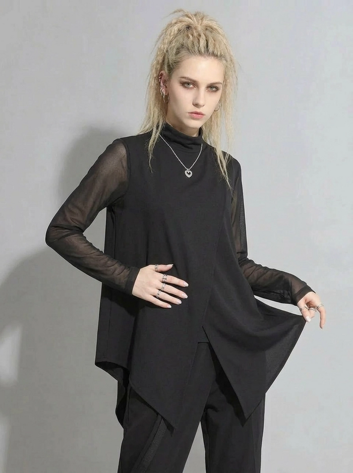 Edgy Elegance: Mesh Turtleneck & Asymmetrical Vest Set-SimpleModerne