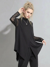 Edgy Elegance: Mesh Turtleneck & Asymmetrical Vest Set-SimpleModerne