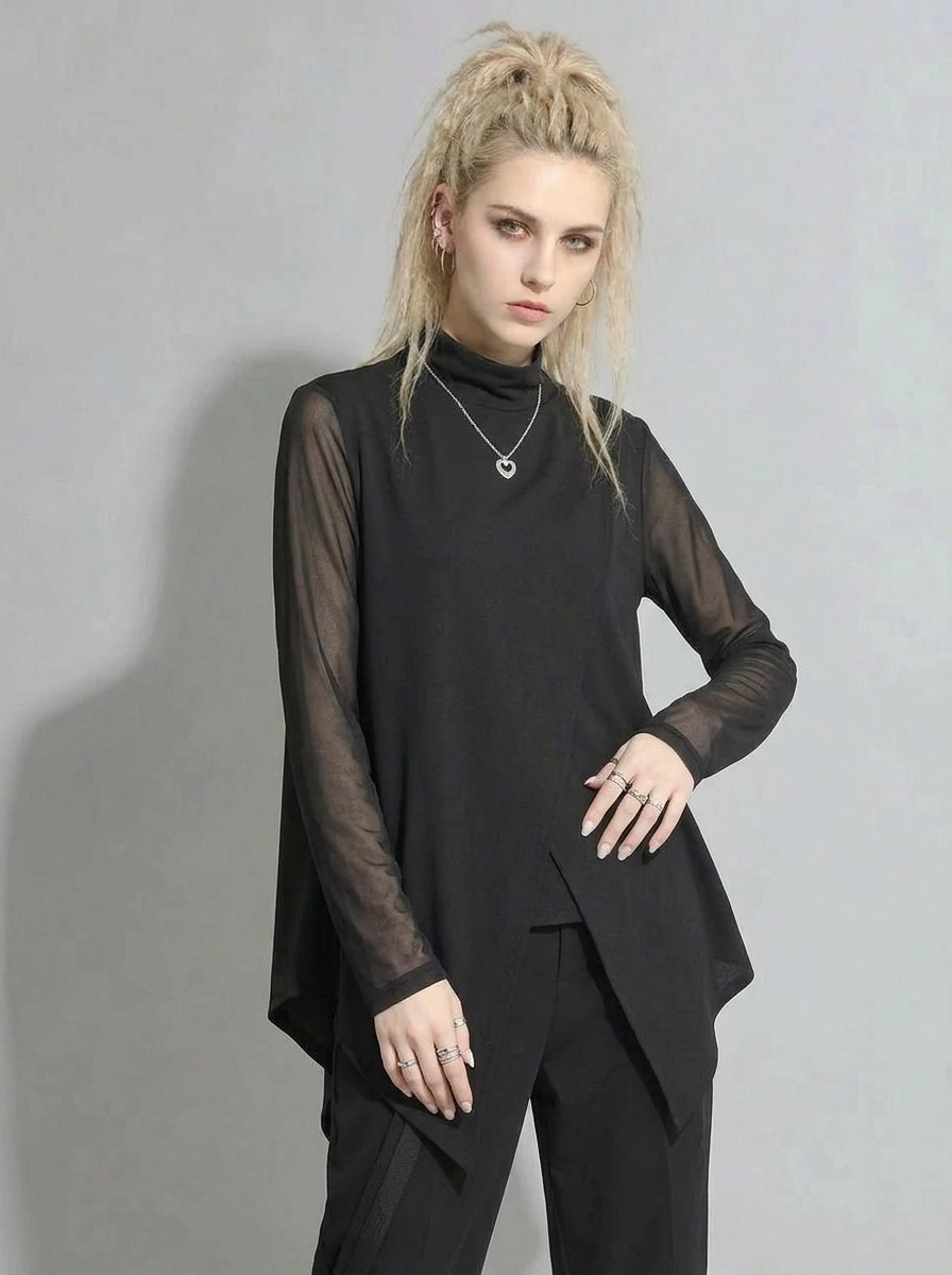 Edgy Elegance: Mesh Turtleneck & Asymmetrical Vest Set-SimpleModerne