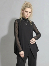 Edgy Elegance: Mesh Turtleneck & Asymmetrical Vest Set-SimpleModerne