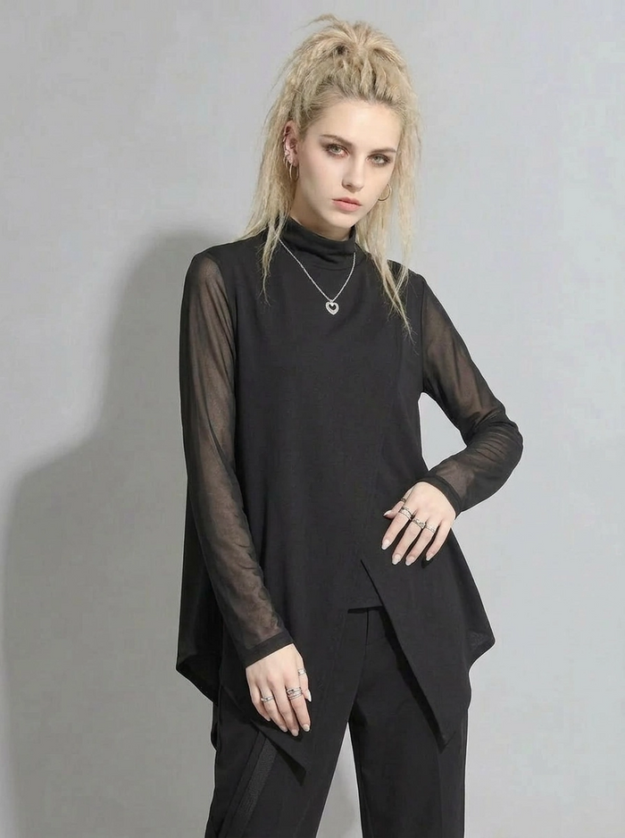 Edgy Elegance: Mesh Turtleneck & Asymmetrical Vest Set-SimpleModerne
