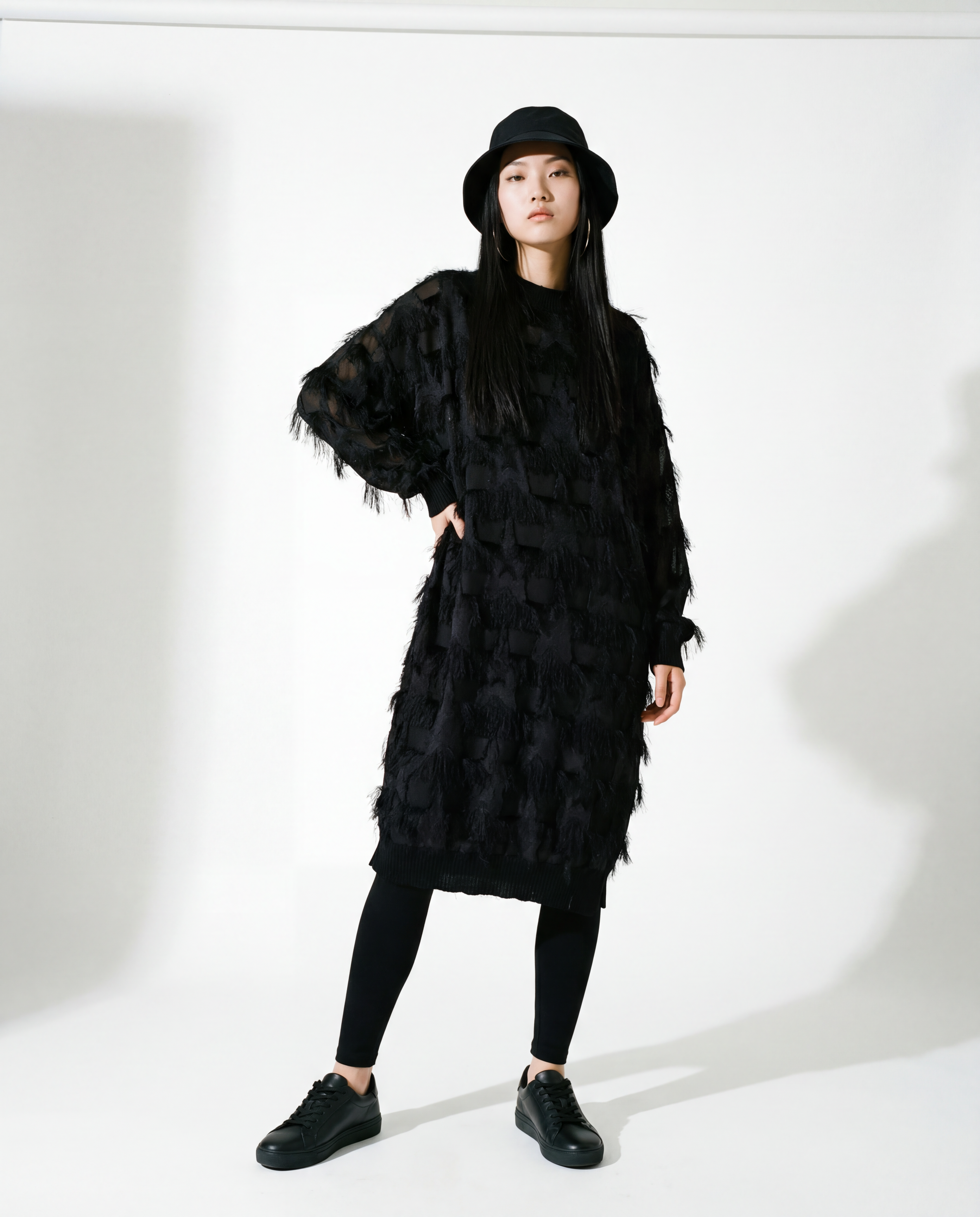 Edgy Sheer Pullover Dress with Side Splits and Textured Star Details-SimpleModerne