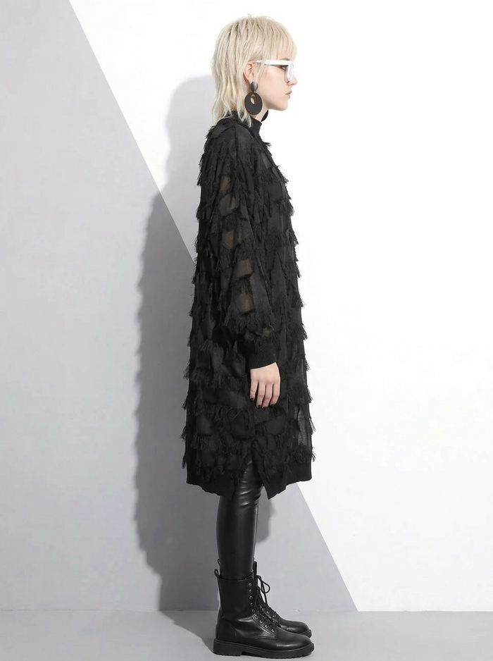 Edgy Sheer Pullover Dress with Side Splits and Textured Star Details-SimpleModerne