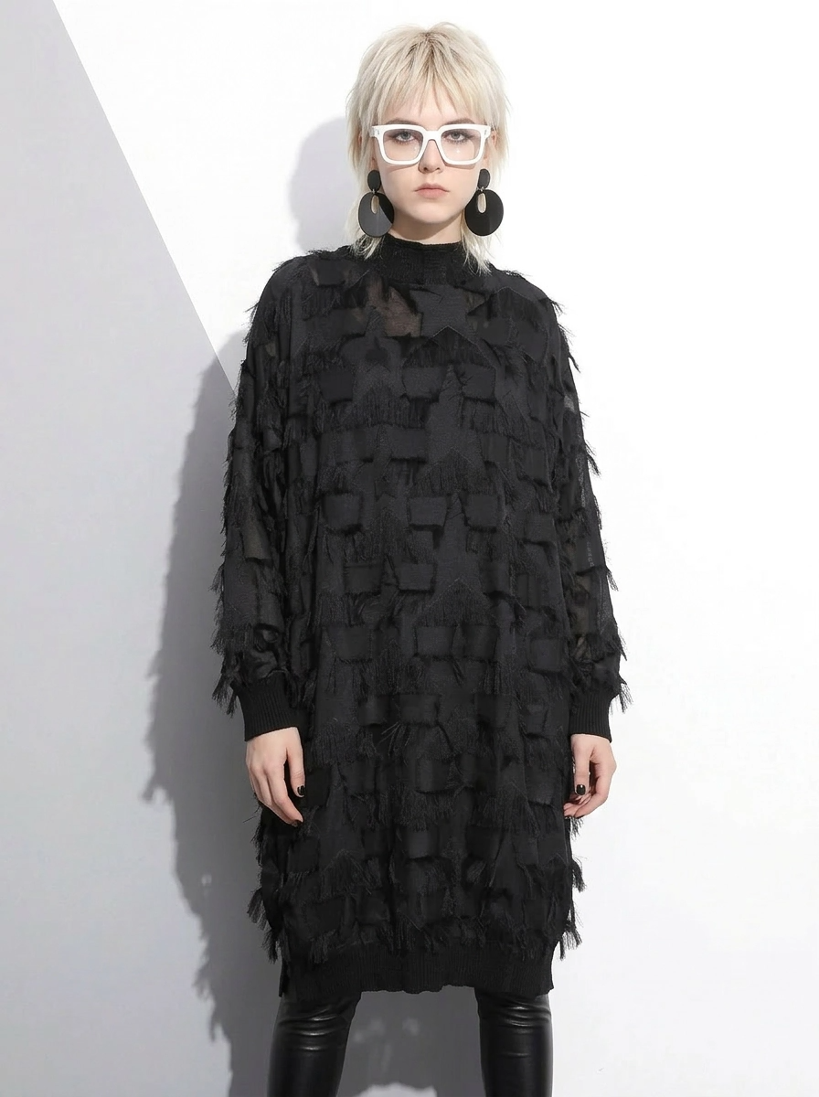 Edgy Sheer Pullover Dress with Side Splits and Textured Star Details-SimpleModerne
