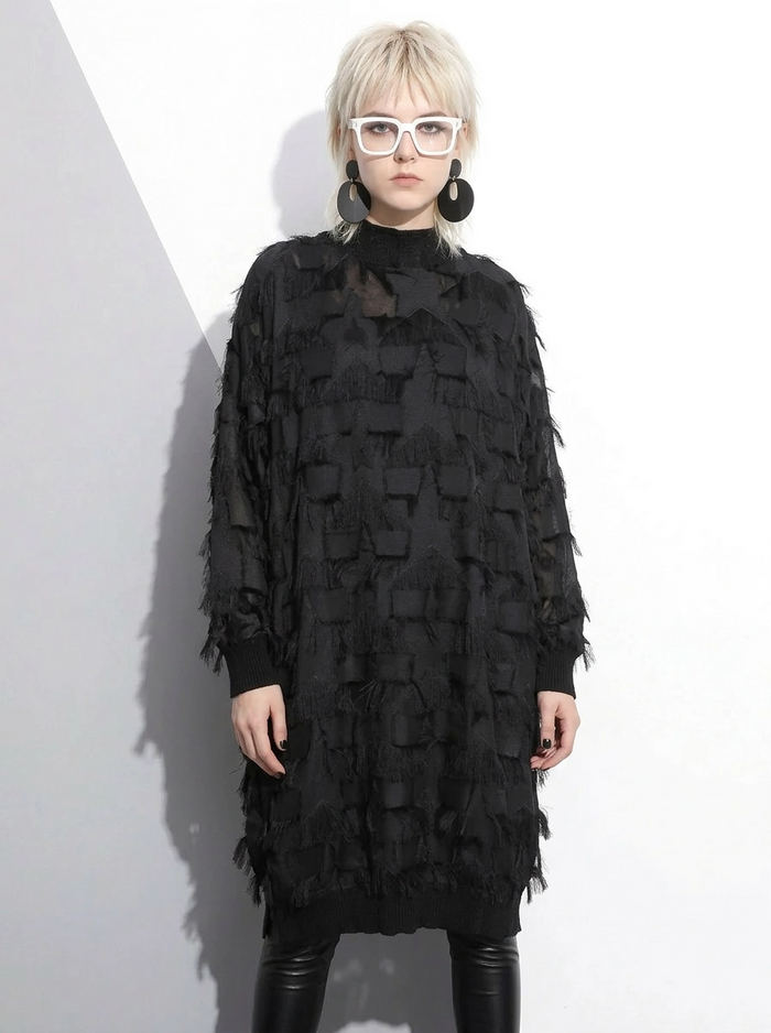 Edgy Sheer Pullover Dress with Side Splits and Textured Star Details-SimpleModerne