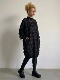 Edgy Sheer Pullover Dress with Side Splits and Textured Star Details-SimpleModerne