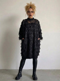 Edgy Sheer Pullover Dress with Side Splits and Textured Star Details-SimpleModerne