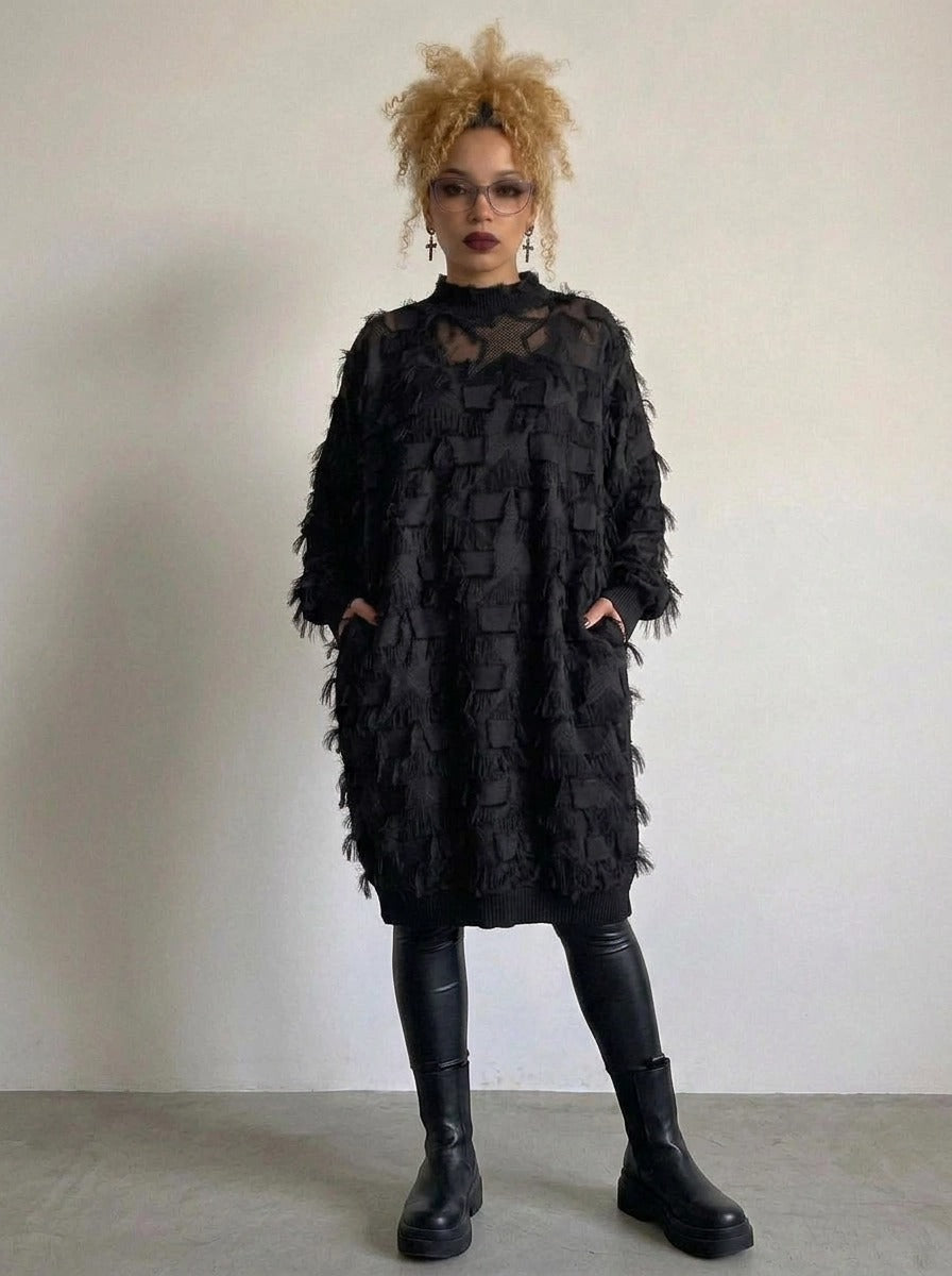 Edgy Sheer Pullover Dress with Side Splits and Textured Star Details-SimpleModerne