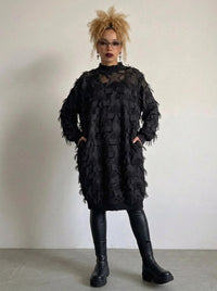 Edgy Sheer Pullover Dress with Side Splits and Textured Star Details-SimpleModerne