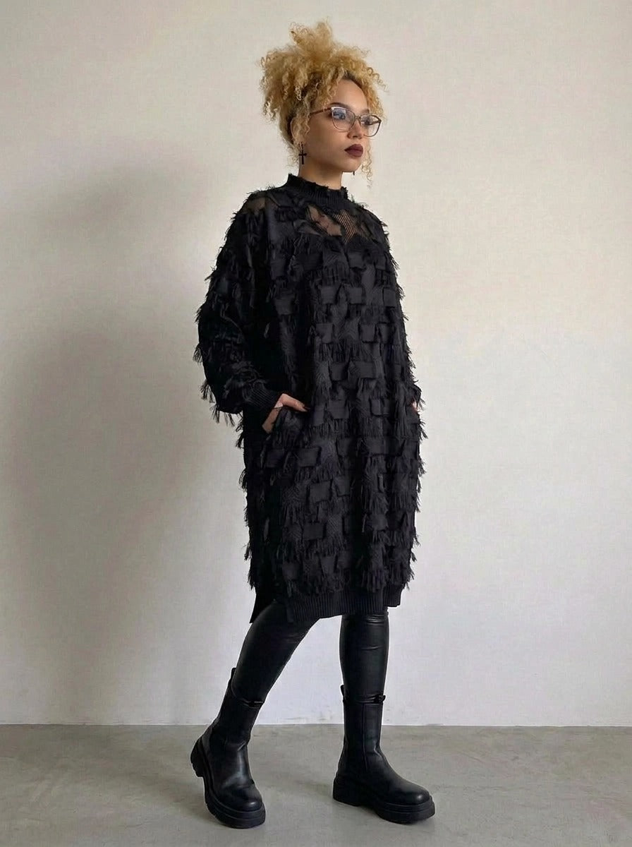 Edgy Sheer Pullover Dress with Side Splits and Textured Star Details-SimpleModerne