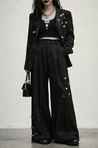 Embellished Wide-Leg Gothic Trousers-SimpleModerne