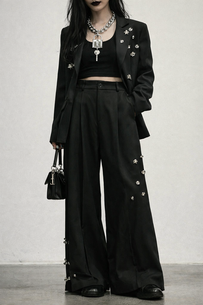 Embellished Wide-Leg Gothic Trousers-SimpleModerne