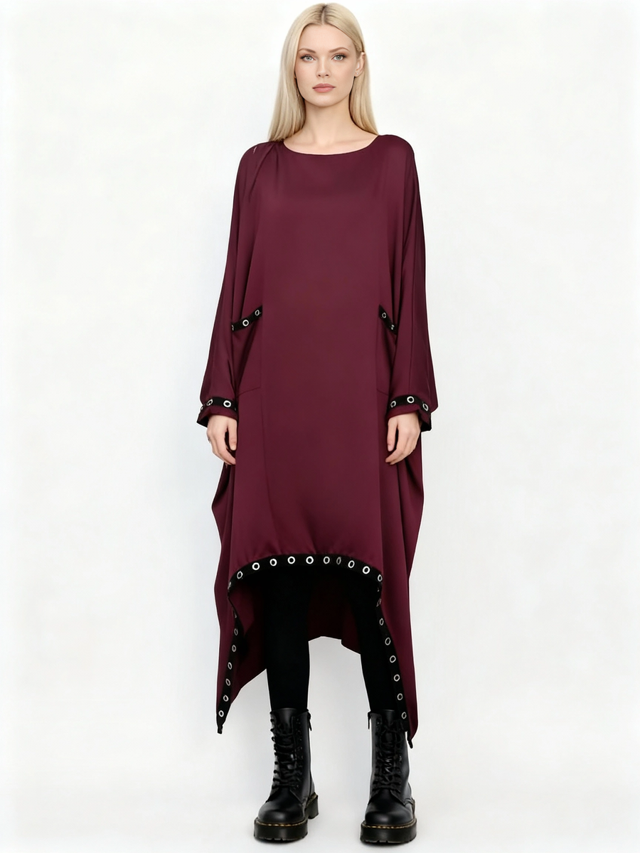 Eyelet-Trim Oversized Pullover Dress — Burgundy Red-SimpleModerne