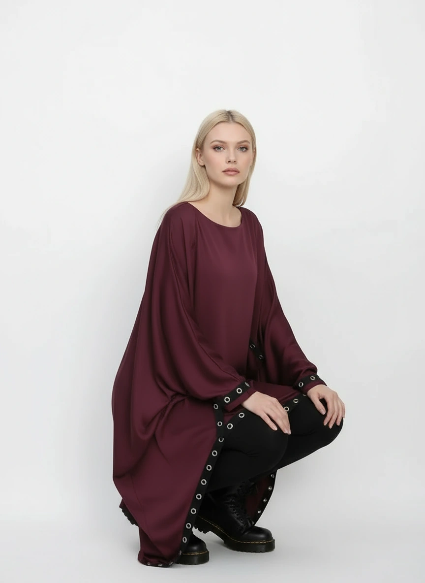 Eyelet-Trim Oversized Pullover Dress — Burgundy Red-SimpleModerne