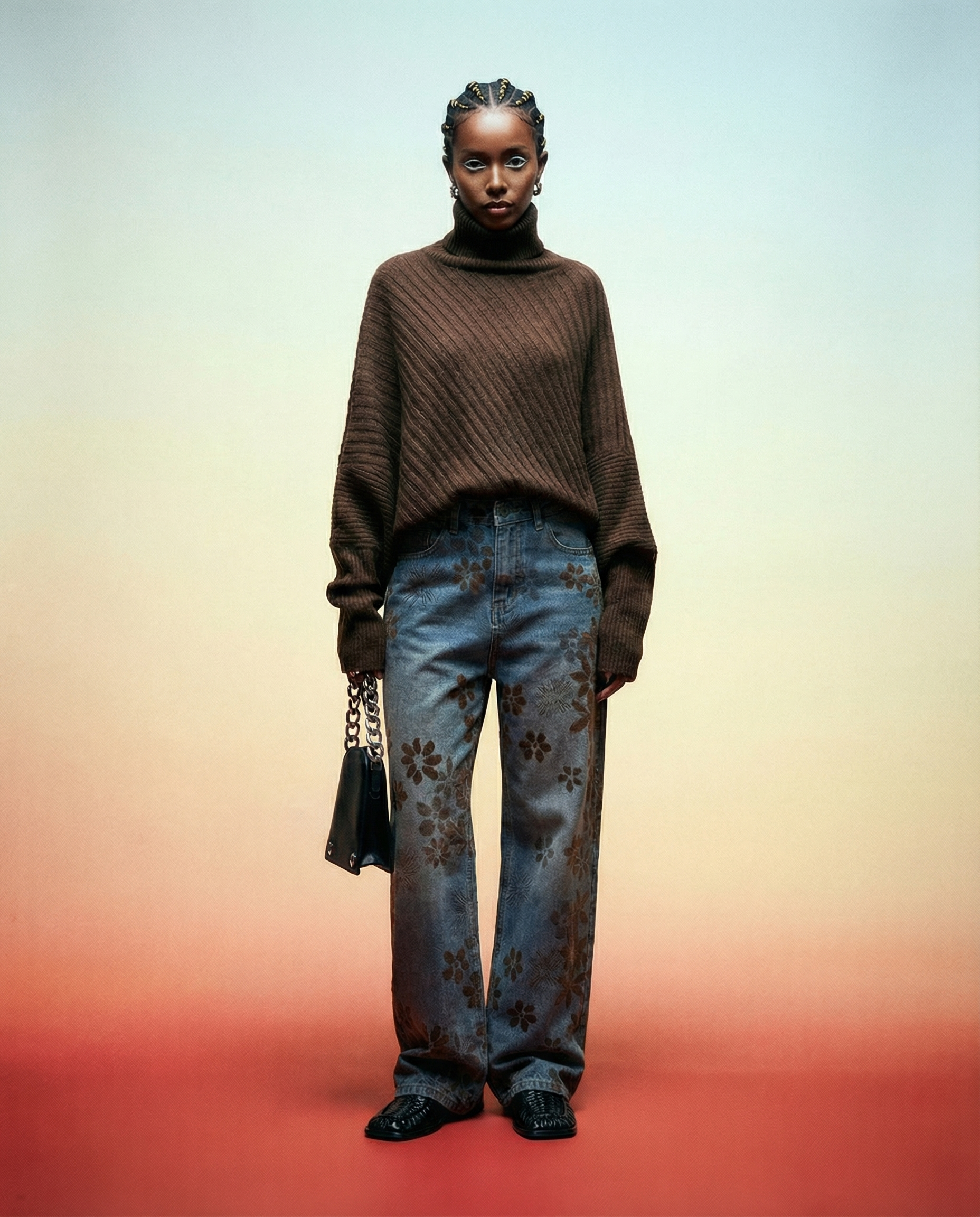 Floral Flock Wide-Leg Denim Jeans – Washed Blue-SimpleModerne