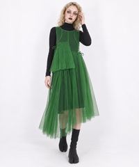 Green Mesh Asymmetric Layered Midi Dress
