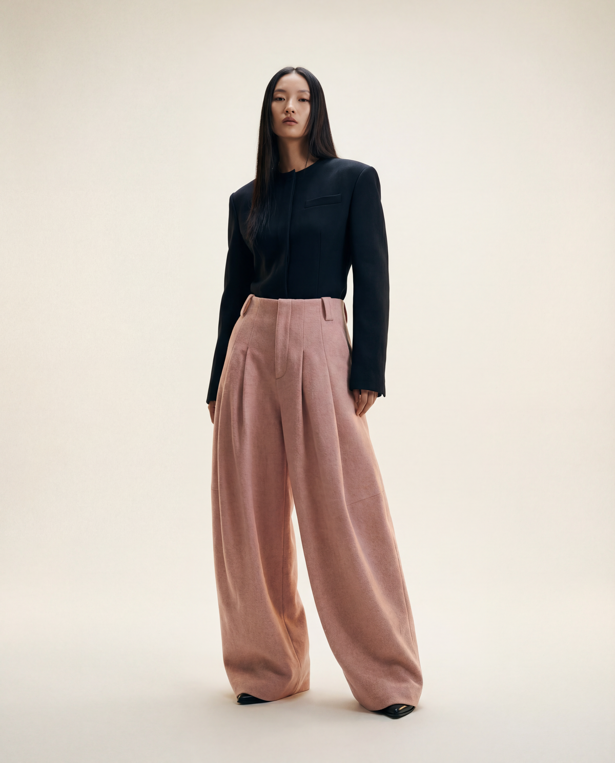 Pleated Wide-Leg Pink Trousers-SimpleModerne