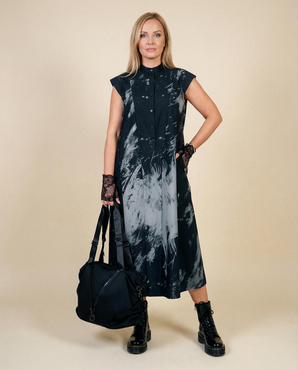 Gothic Sleeveless Tie-Dye Print Dress with Mandarin Collar – SimpleModerne Gothic Sleeveless Tie-Dye Print Dress with Mandarin Collar – SimpleModerne