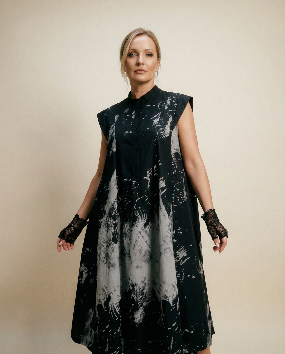 Gothic Sleeveless Tie-Dye Print Dress with Mandarin Collar SimpleModerne Gothic Sleeveless Tie-Dye Print Dress with Mandarin Collar SimpleModerne