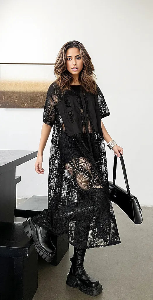 Gothic Style Black Lace See-Through Shirt Dress with Button Closure SimpleModerne Gothic Style Black Lace See-Through Shirt Dress with Button Closure SimpleModerne