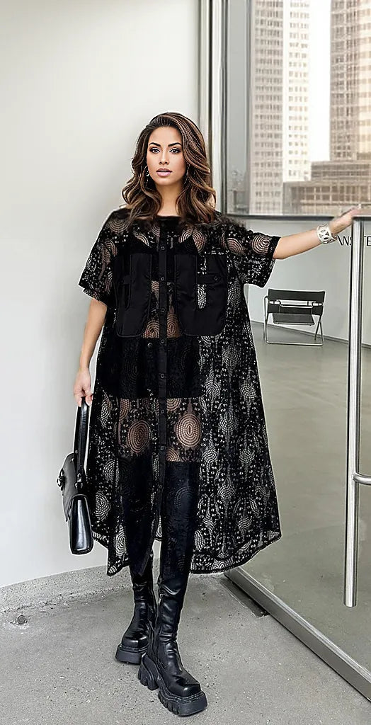 Gothic Style Black Lace See-Through Shirt Dress with Button Closure –  SimpleModerne