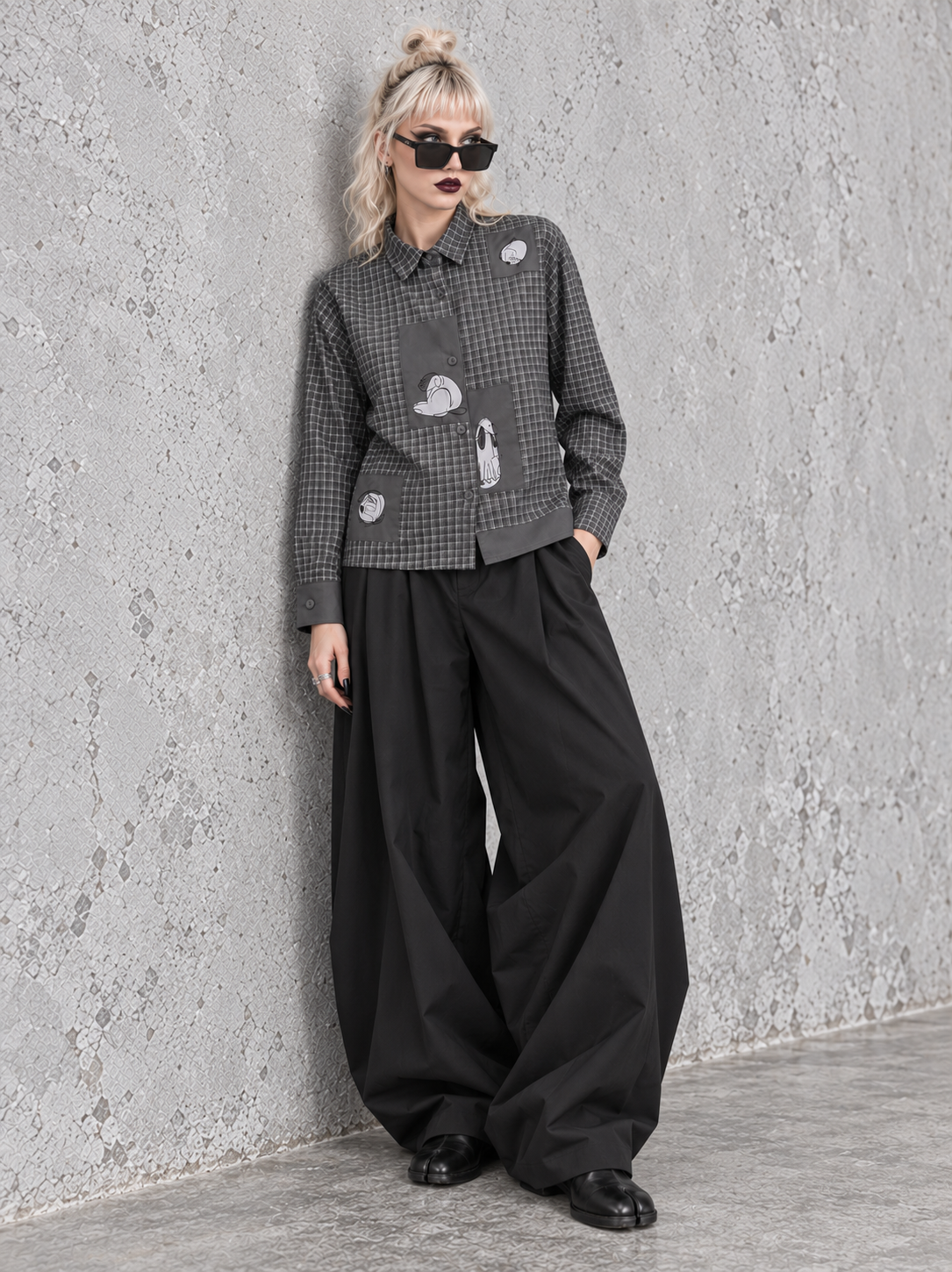 Grey Check Patchwork Shirt | Alternative Graphic Blouse-SimpleModerne