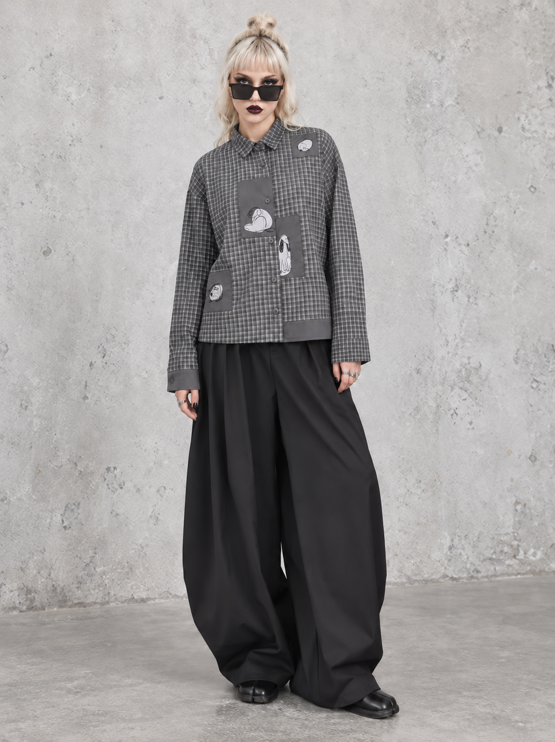 Grey Check Patchwork Shirt | Alternative Graphic Blouse-SimpleModerne