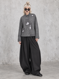 Grey Check Patchwork Shirt | Alternative Graphic Blouse-SimpleModerne