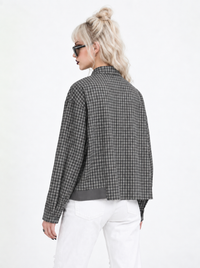 Grey Check Patchwork Shirt | Alternative Graphic Blouse-SimpleModerne