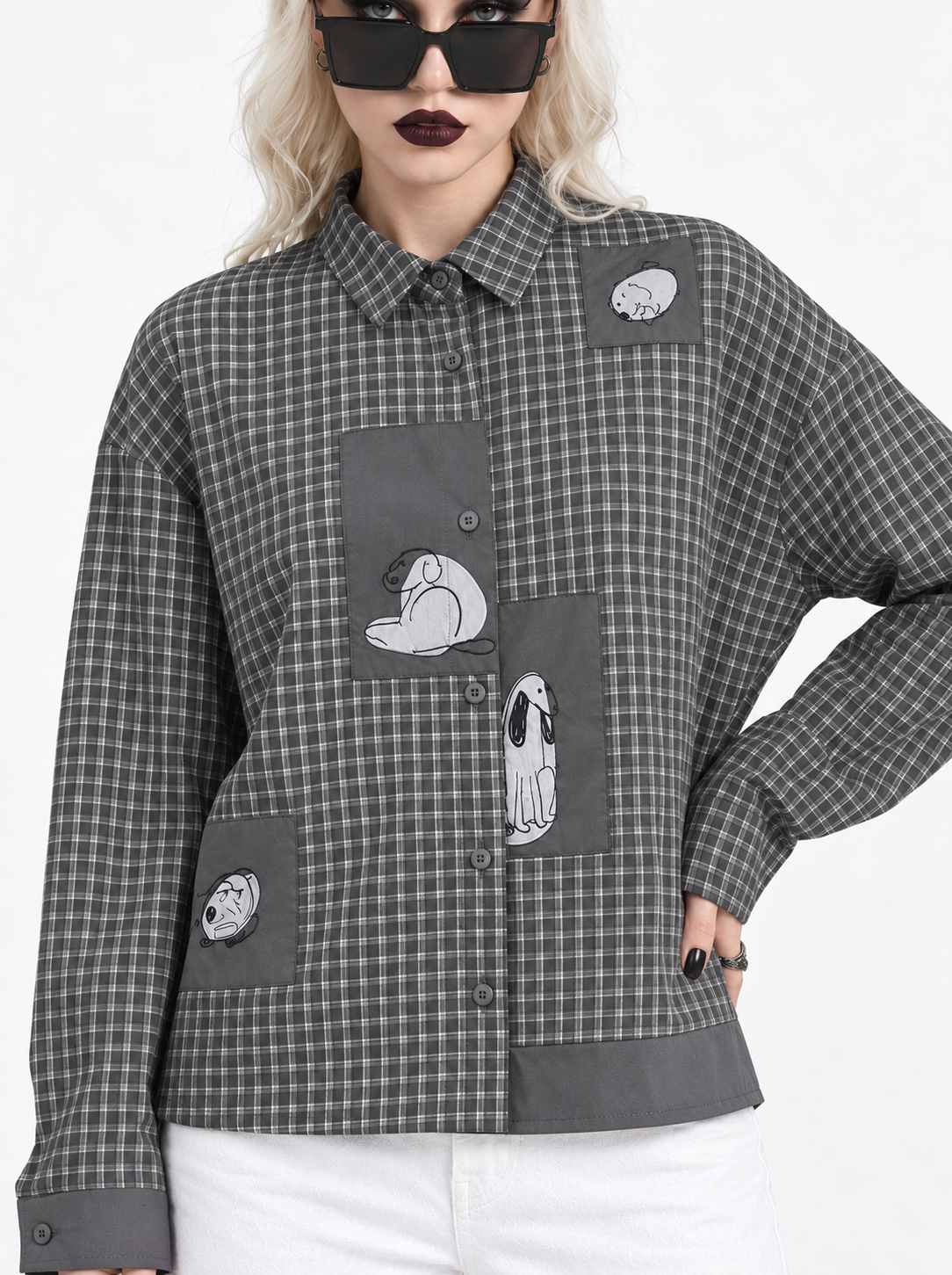 Grey Check Patchwork Shirt | Alternative Graphic Blouse-SimpleModerne