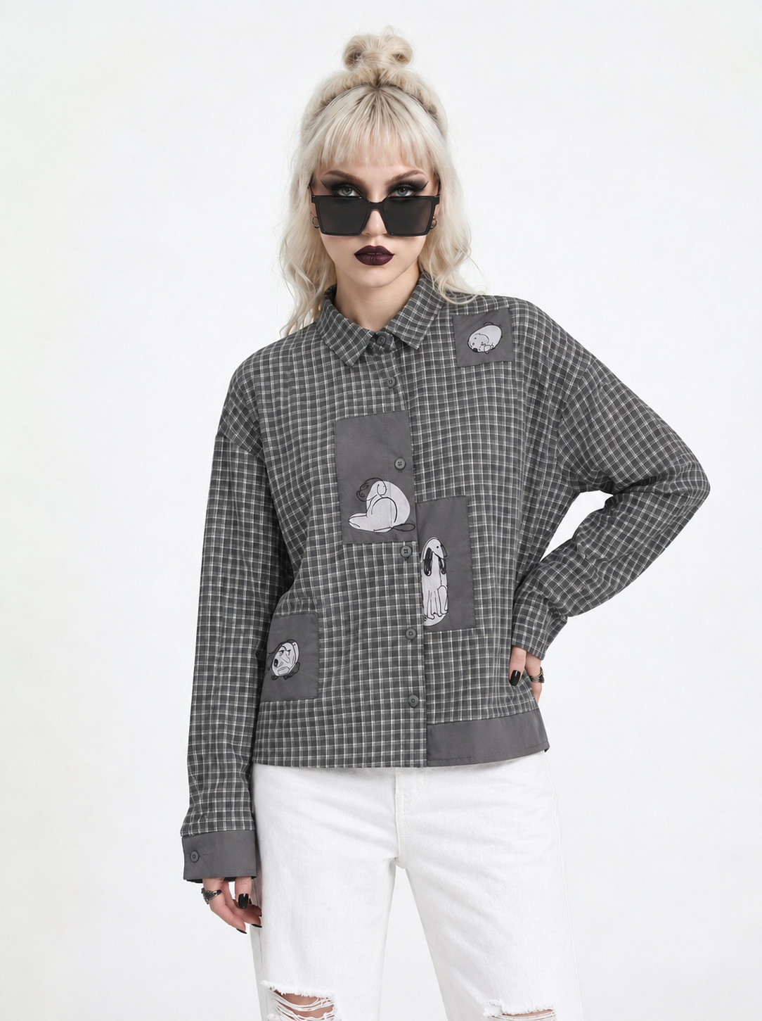 Grey Check Patchwork Shirt | Alternative Graphic Blouse-SimpleModerne