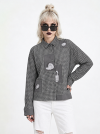 Grey Check Patchwork Shirt | Alternative Graphic Blouse-SimpleModerne