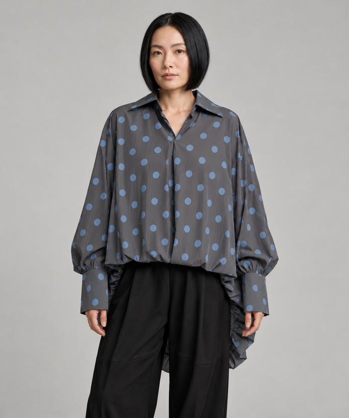 Grey Polka Dot Asymmetric Pleated Oversized Blouse-SimpleModerne