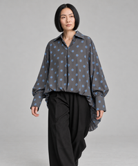 Grey Polka Dot Asymmetric Pleated Oversized Blouse-SimpleModerne