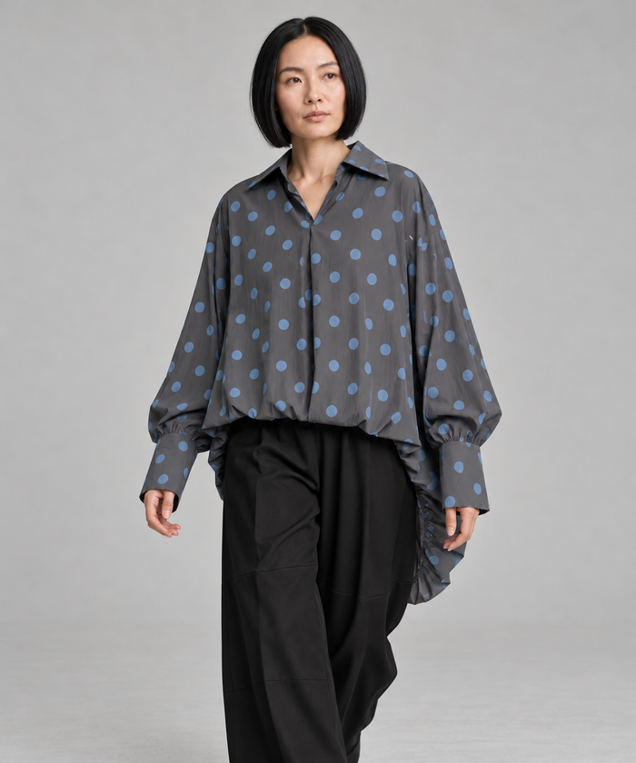 Grey Polka Dot Asymmetric Pleated Oversized Blouse-SimpleModerne